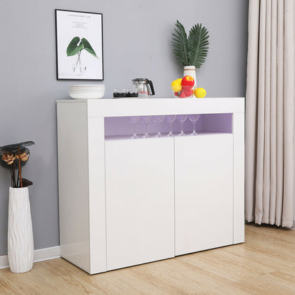 White Sideboard Storage Matt Body&High Gloss Doors Cupboard Cabinet w/LED Lights