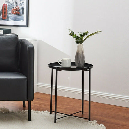 Coffee Table Folding Side Table Round Metal Tray Top Portable Table Night Stand