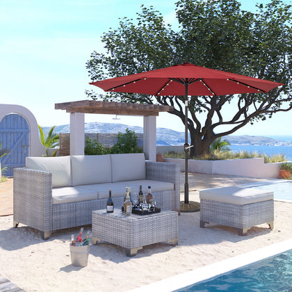 3M Garden Parasol Outdoor Tilt Sun Shade Umbrella 32 LED Light Hand Crank Wine