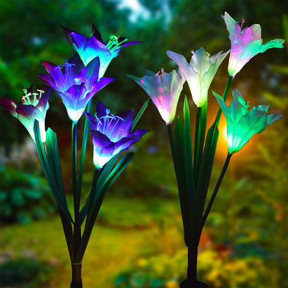 2Pcs 4 LED Solar Power Lily Flower Stake Lights Outdoor Garden Decor Patio Lamp