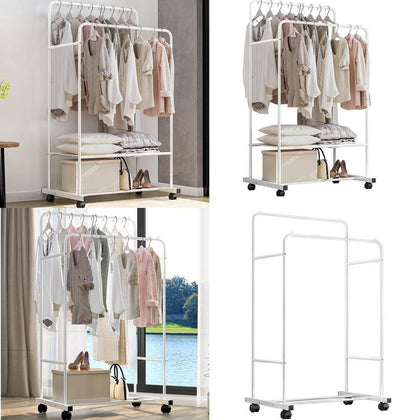 Heavy Duty Metal Garment Dual Rail Clothes Rolling Hanging Rack With Shelf Stand