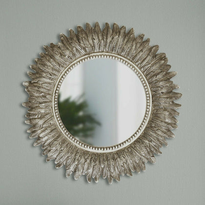 Large Wall Mountable Round Feather Mirror Antique Silver Living Room Bedroom