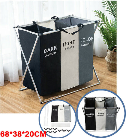 3 Compartments Laundry Clothes Basket Wash Hamper Bin Folding Dirty Storage Bag
