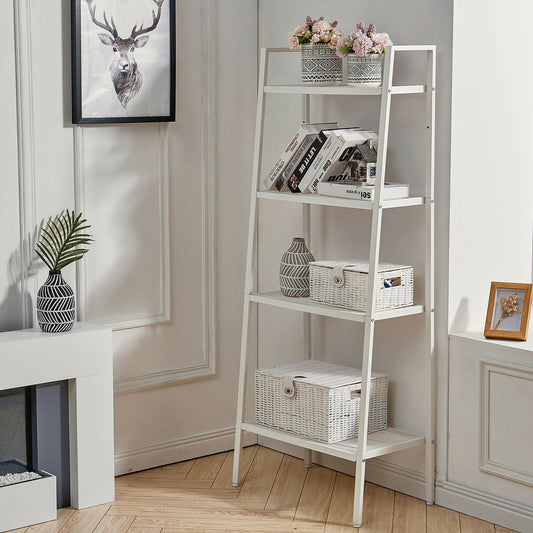 Metal Ladder Shelving 4 Tier Tall Bookshelf Plant Stand Storage Shelf Unit White