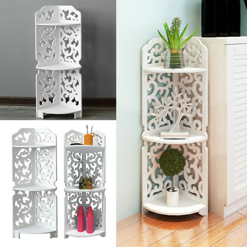 Free Standing Corner Shelf Unit 3 Tier White Storage Rack Bathroom Organizer UK