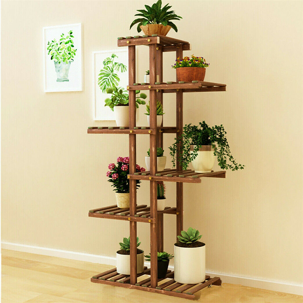 Climb 6-Tiered Carbonised Wood Plant Stand Flower Pot Rack Bonsai Disp ...