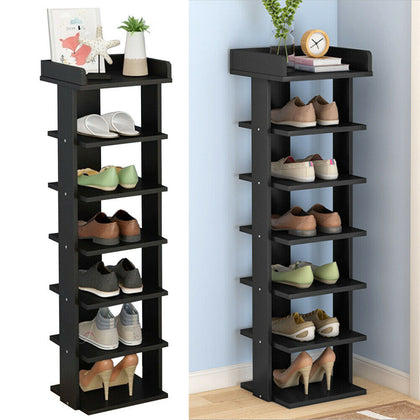 7Tier Vertical Wooden Kids Shoe Rack Black Tall Storage Unit Cube DoorHallway UK