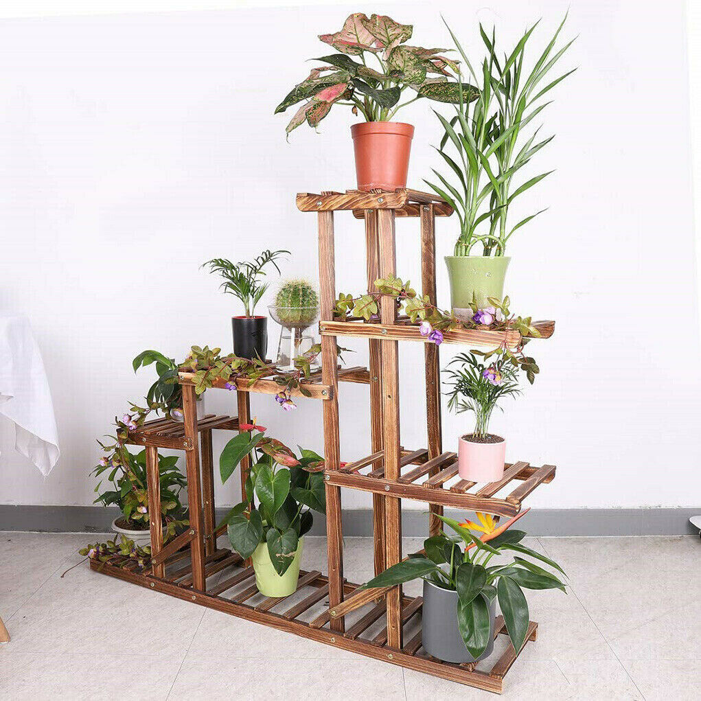 Heavy Duty Wood Plant Stand Flower Display Shelf Outdoor Rack w/ Supporting Rod