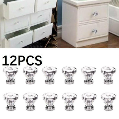 12Pcs Door Knobs Clear Crystal Glass Diamond Cupboard Cabinet Drawer Handles UK