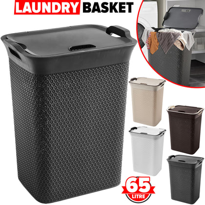 65L Plastic Large Laundry Basket with Lid Washing Hamper Dirty Clothes Storage