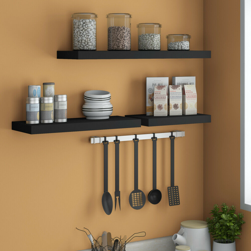 Black 3 x Floating Wall Shelf Wooden Shelves Wall Storage 80cm -