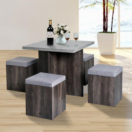 5 PC Dining Set Wooden Space-saving Storage Cushioned Ottoman Seats Square Table