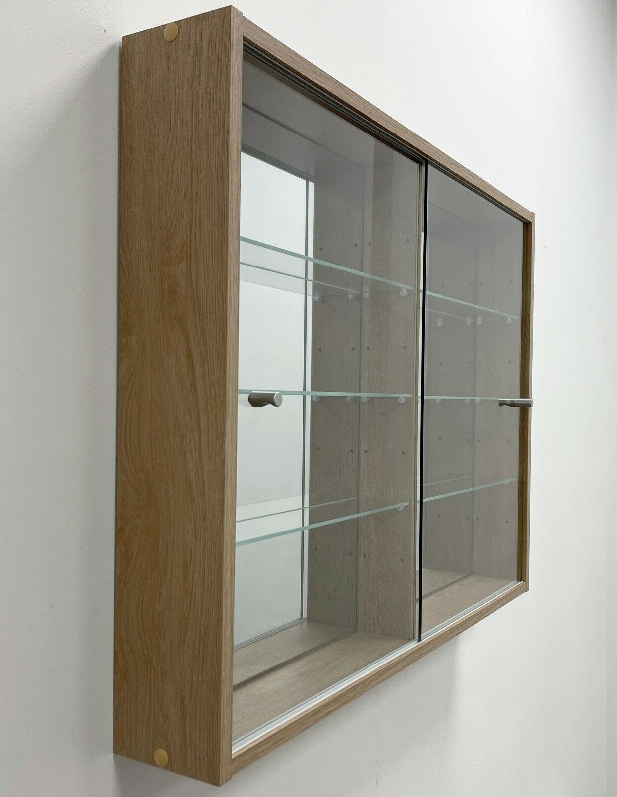 Glass Display Cabinet Wall Mounted Wide Large Toys Vapes Oak Effect Mirror Back