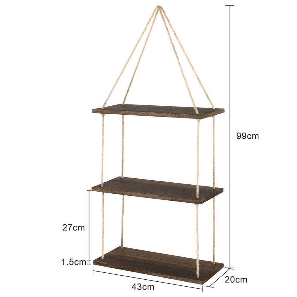 Nostalgic 3 Tier Shelf Wall Hanging Shelves Natural Rope Wooden Floating Shelves