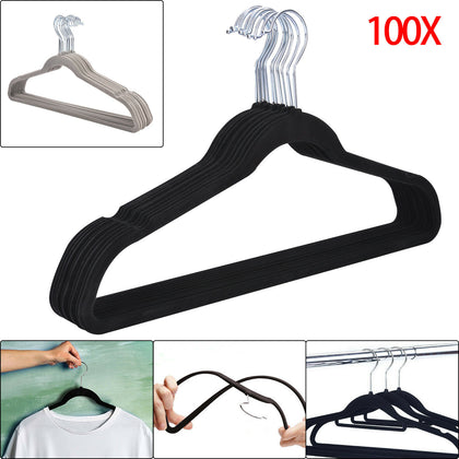 100× Strong Non Slip Velvet Flocked Clothes Hangers Curved Dresses Coat Hanging