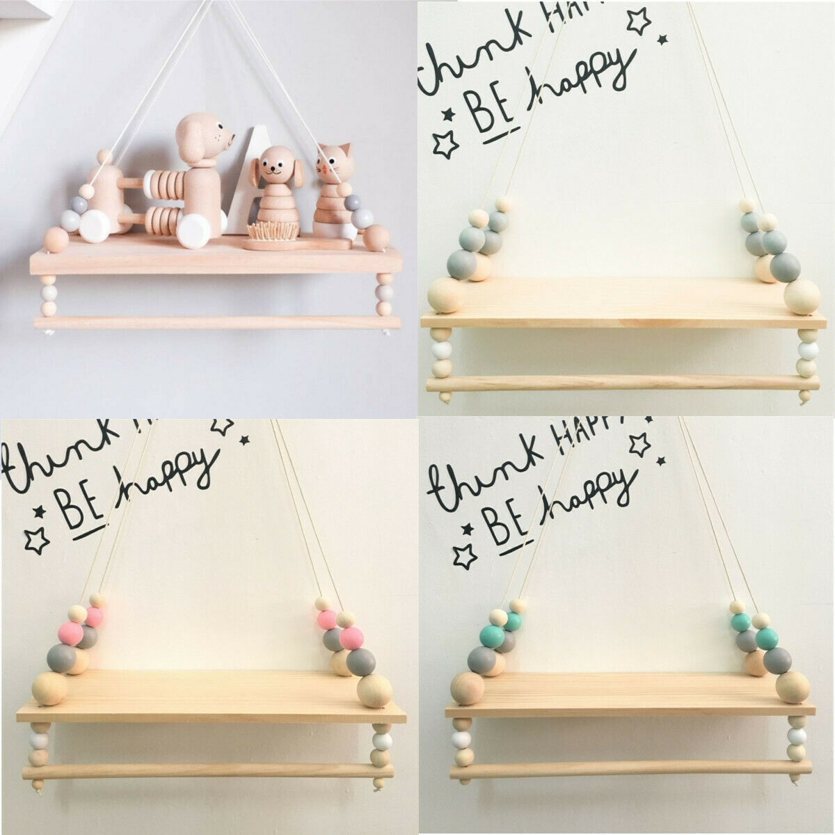 Wall Hanging Wood Rope Swing Shelf Shelves Storage Shelve Room Decor UK MA