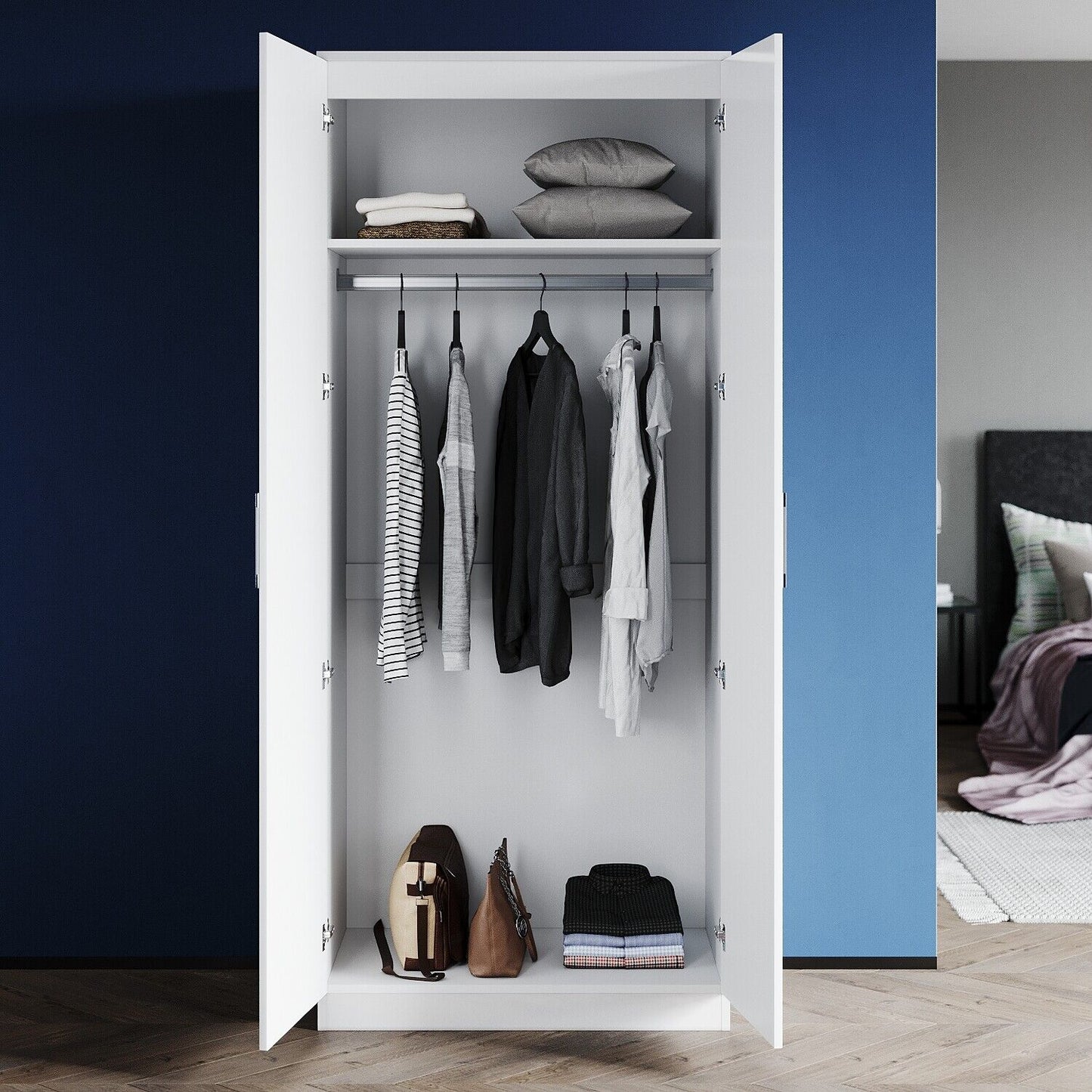 High Gloss 2 Door Wardrobe Bedroom Furniture Storage with Mirror Hanging Rail