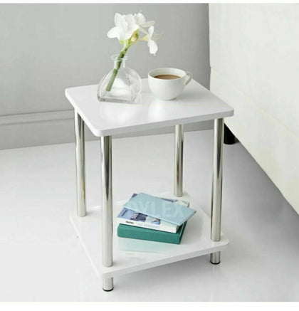 Small 2 Tier White Gloss Finish Side Table with Shelf Bedroom Coffee End Table