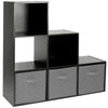 BLACK 6 CUBE MODULAR SHELVING DISPLAY UNIT 3 x GREY FABRIC STORAGE BOX