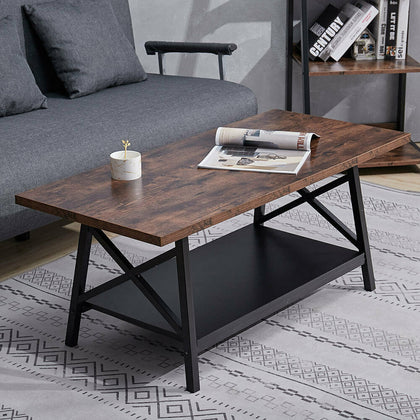 2 Tier Retro Coffee Table Rectangle Rustic Wood Living Room Table With Shelf