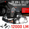 Rechargeable Head Torch Headlamp Light Lamp 12000 Lumens 3 x XML T6 LED Zoom UK
