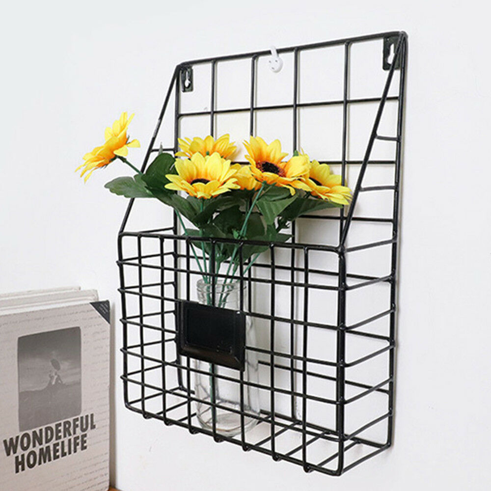 Simple Style Wire Magazine Newspaper Basket Wall Mounted Post Storage Rack Black