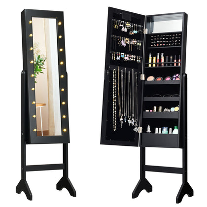 18 LEDs Jewelry Cabinet Floor Standing Storage Organizer w/Mirror Adjustable