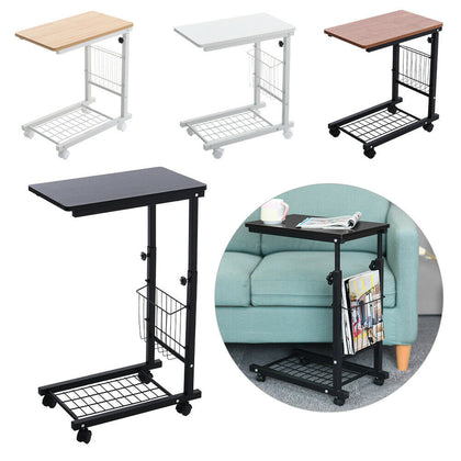 Computer Notebook Desk Adjustable Sofa Bed Side Coffee Table with Shelf on Wheel