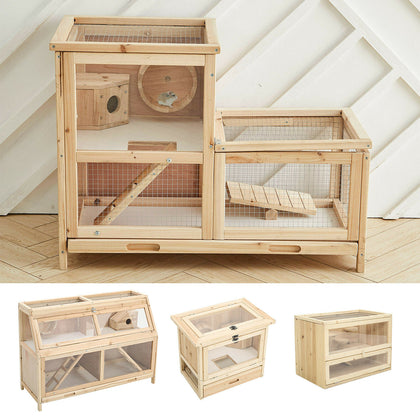 Wooden Hamster Cage Mice Rodents Hutch Small Animal Playing Runing House 2 Level