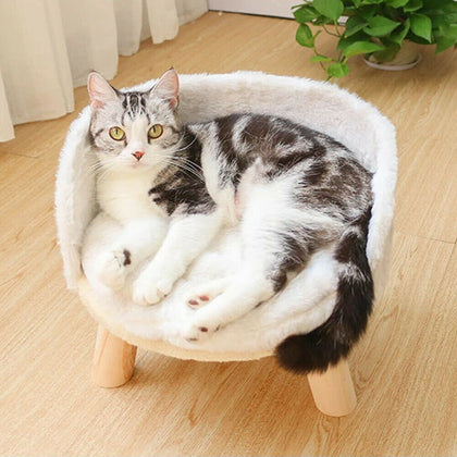 Fluffy Pet Bed Stool Cat Kitten Sleeping Sofa Bed Washable Cushion Wooden Legs