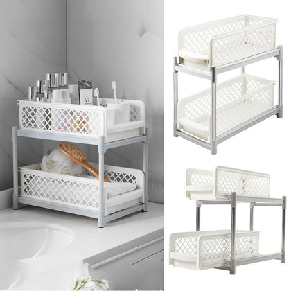2 Tiers Bathroom Kitchen Storage Basket Shelf Stand with Slide Drawer Organizer