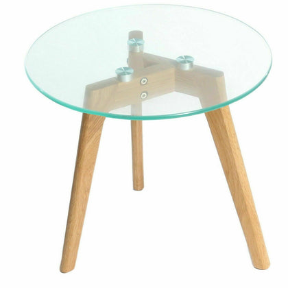 REBOXED Round Glass Coffee Side Table with Solid Oak Wood Leg 50cm Diameter