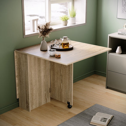 Mobile Folding Dining Table Drop Leaf Wood Rolling Desk with 2 Storage Shelves