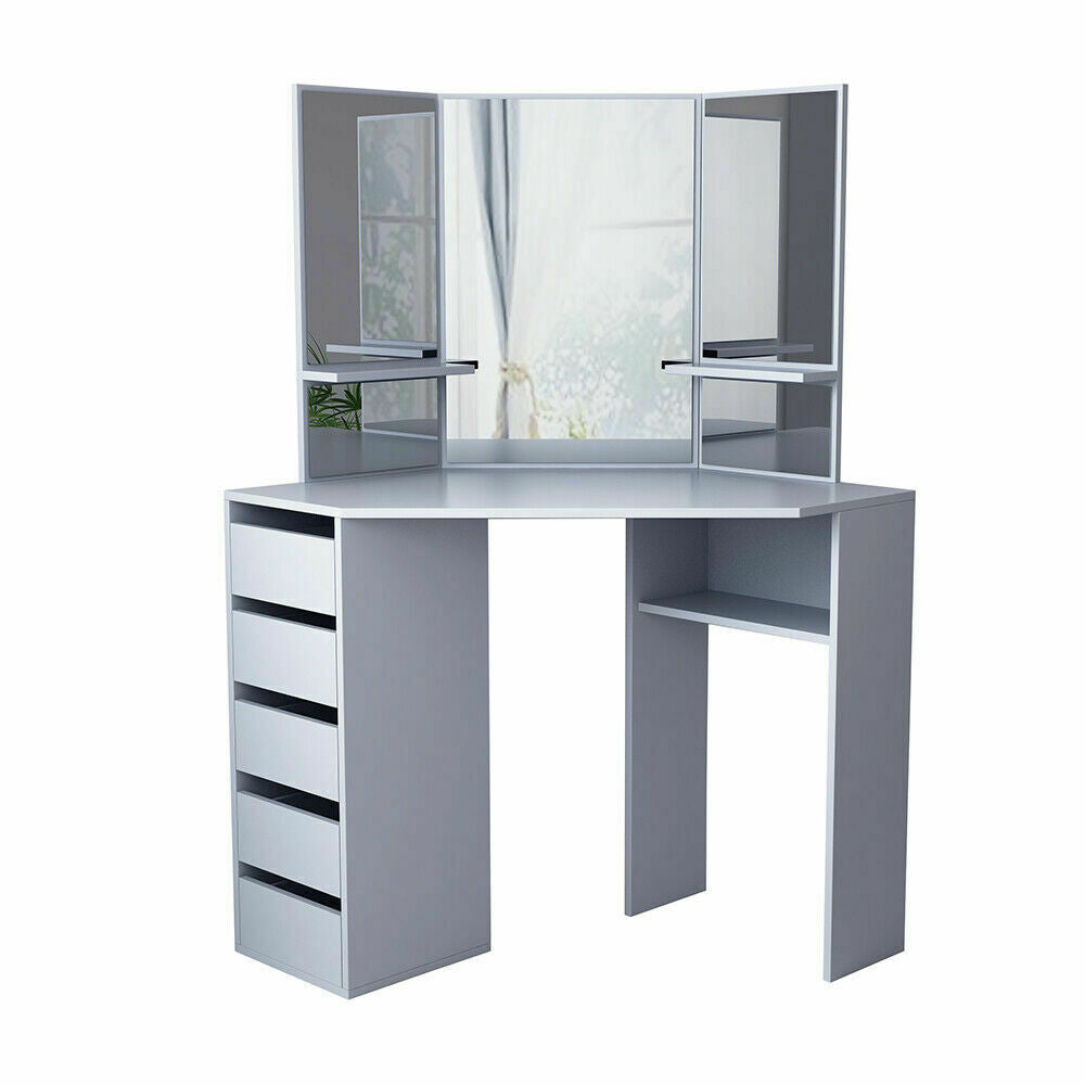 grey corner dressing table Modern Gray Lighting Makeup Vanity Table with Flip Top Mirror & 2-Door Stool IncludedHomary