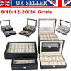 Mens 6-24 Grid Slots Watch Box Leather Display Glass Top Jewelry Storage Case UK