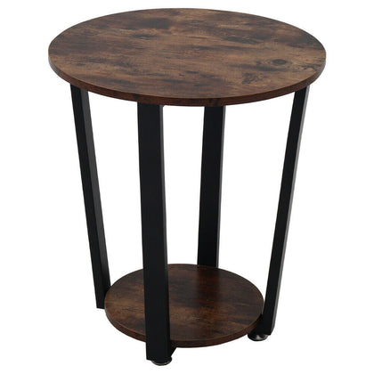 2 Tier Rustic Wood Metal Sofa Side Table Coffee Table Bedside Lamp Table Round