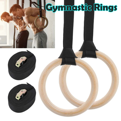 2X Wooden Gymnastic Rings Fitness Training Strength Home Gym Workout Bodyweight