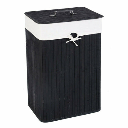 Single Laundry Hamper Bamboo Basket Clothes Storage Organizer Bag Lid Black