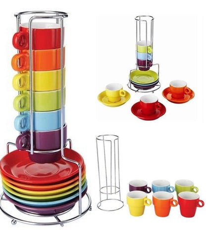 PORCELAIN HOT DRINK TEA COFFEE CUP SAUCERS MULTI COLOUR COLORED WITH STAND