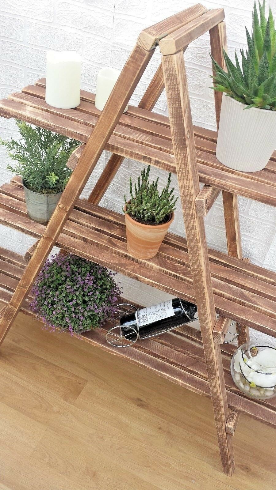 Rustic 3 Tier Wooden Ladder Shelf Shelves Bookcase Plant Flower Shelving
