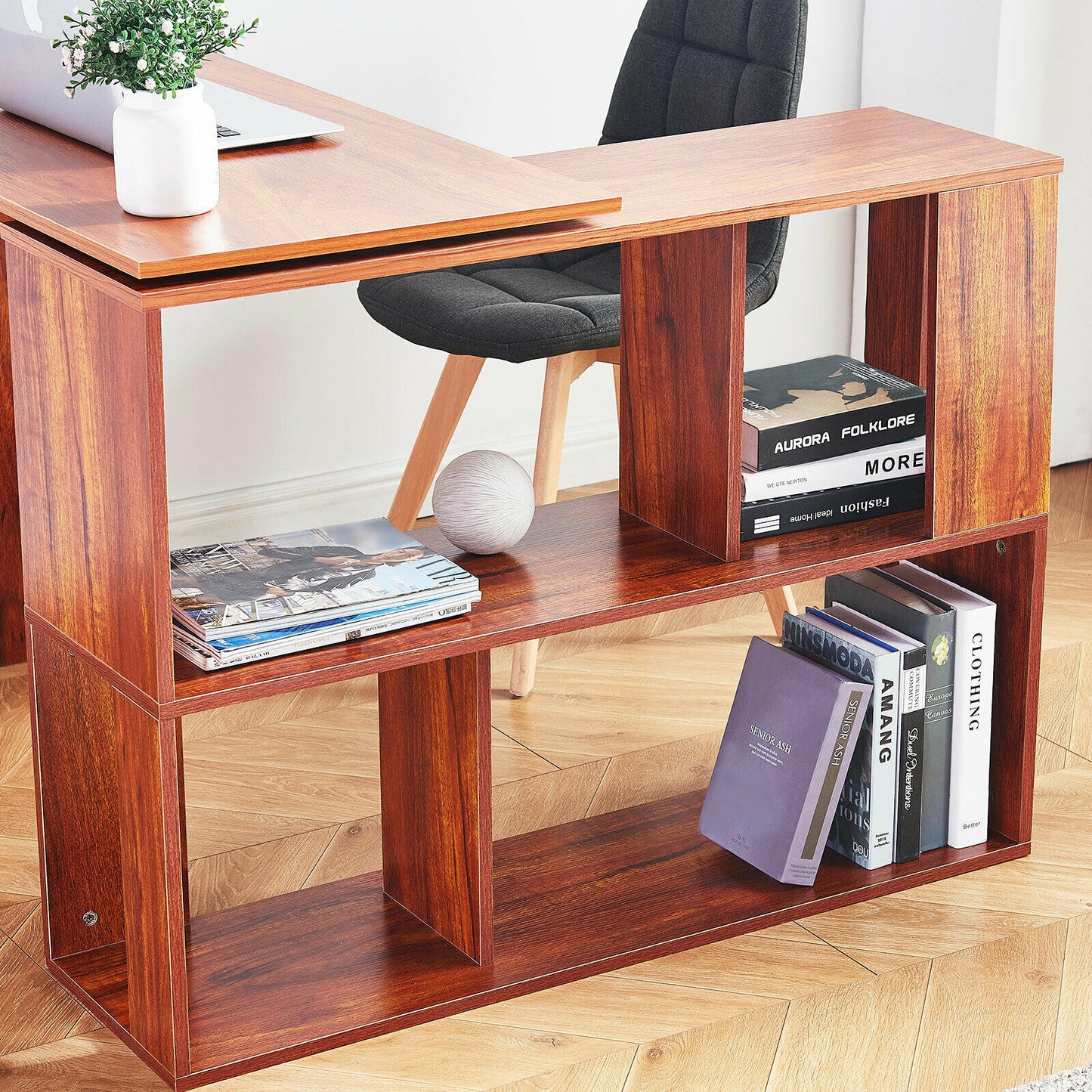 Brown L-shaped Computer Desk Corner PC Table Workstation Home Office w/ Shelves