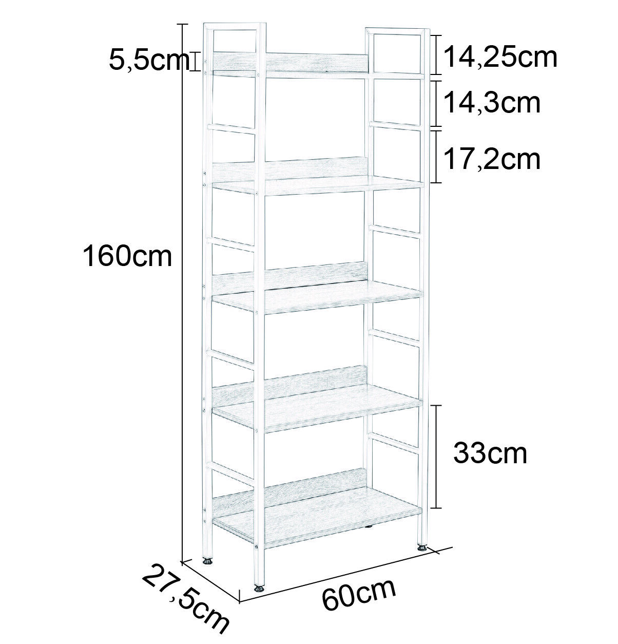 5Tier Storage Rack Bookcase Shelving Unit Display Storage Shelf Metal Wood White