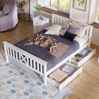 3FT Single 4FT6 Double Wooden Bed Frame with Storage Drawers Solid Pine Wood Bed