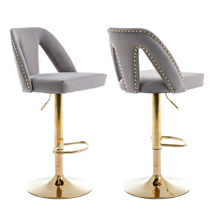 Bar Stools Set of 2 Upholstered Velvet Adjustable Height Swivel Bar Chairs Grey