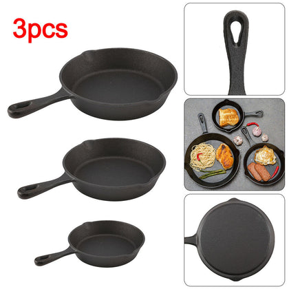 3PCS Cast Iron Non Stick Frying Pan Pre Seasoned BBQ Griddle Skillet Grill Set