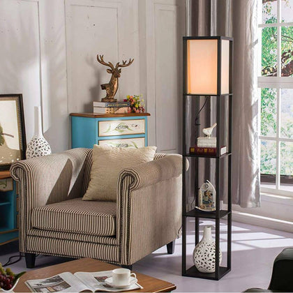 Black Wooden Shelving Unit Floor Standard Lamp Lounge Lighting Storage Shelf