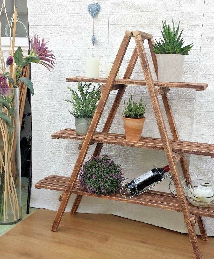 Rustic 3 Tier Wooden Ladder Shelf Shelves Bookcase Plant Flower Shelving