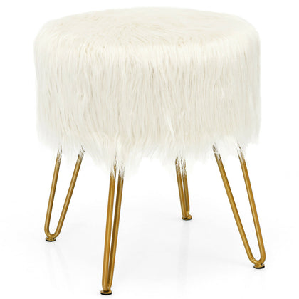 Furry Faux Fur Footrest Round Vanity Stool Chair Padded Ottoman Seat Metal Leg