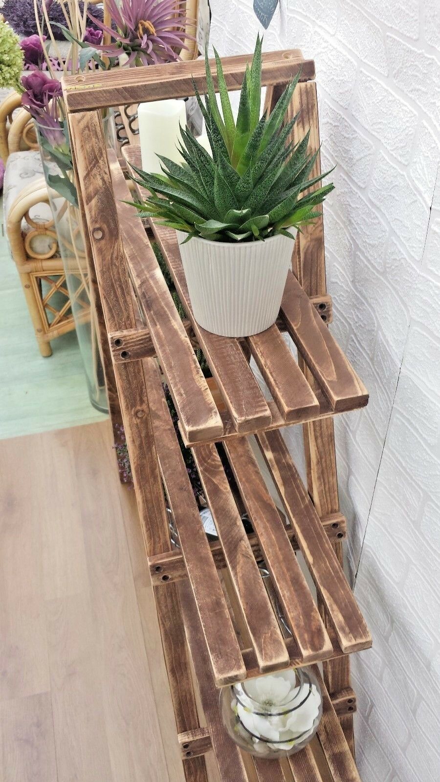 Rustic 3 Tier Wooden Ladder Shelf Shelves Bookcase Plant Flower Shelving