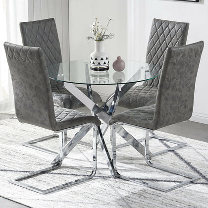 Clear Glass Dining Table and 4 Chairs Set PU Leather Cross Leg Kitchen Furniture